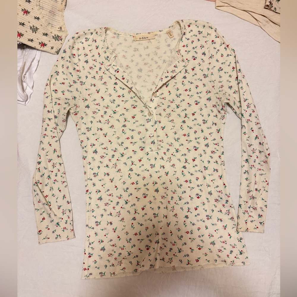 Doen Paula T, 100% Cotton, Monte-Parc Floral/Cream Henley-Long Sleeve Top, S - Picture 3 of 13